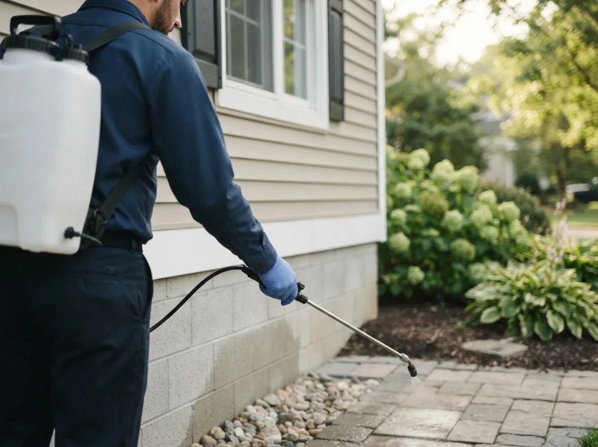 Pest control technician inspecting a home in Raymondville, NY